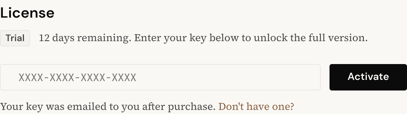 Preferences: paste your license key into the field and click Activate.