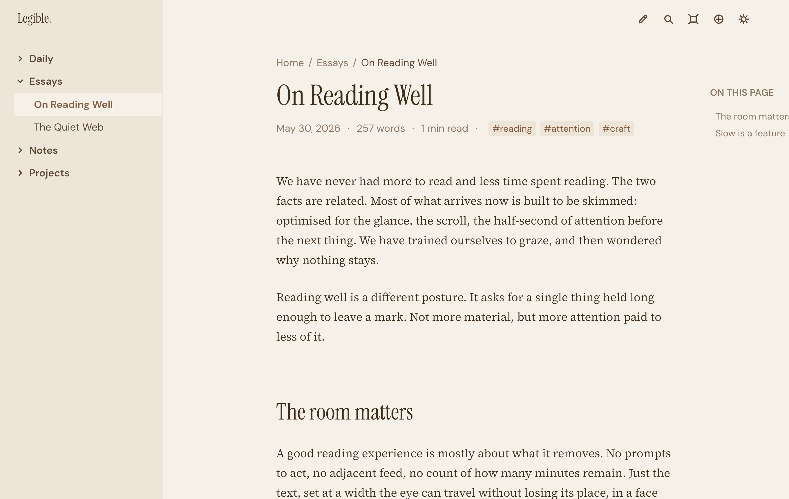 The Sepia filter gives the whole page a warm, low-glare tone.