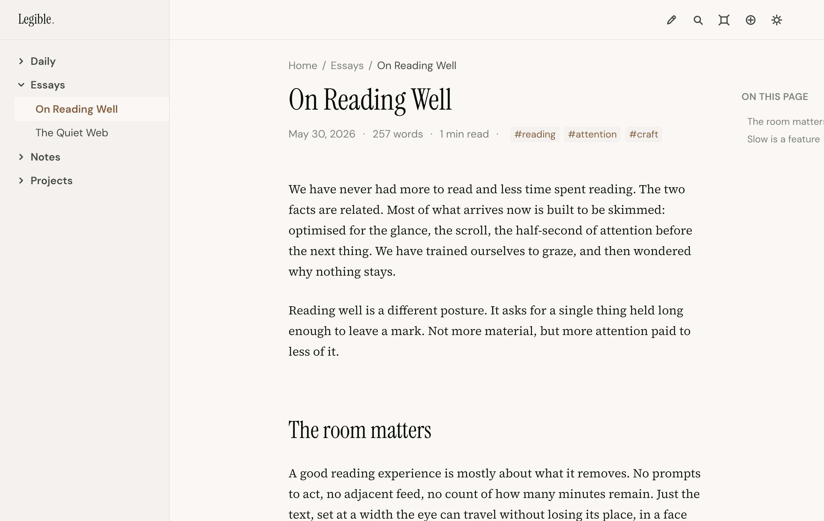 Reading a note in Legible: the vault tree on the left, a breadcrumb above the title, and a page outline on the right.