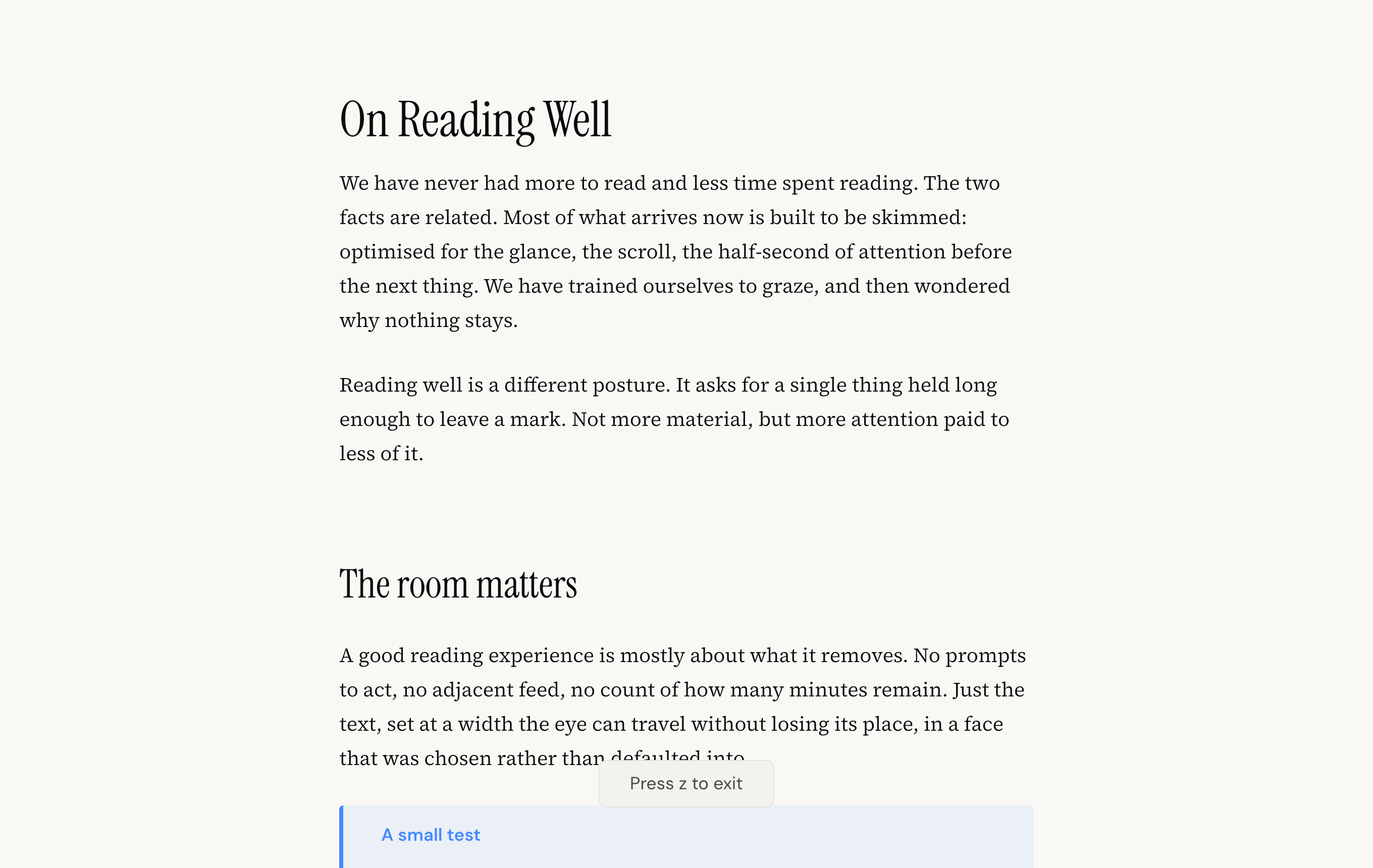 Zen mode: the sidebar, top bar and outline slide away, leaving the text centred in the window.